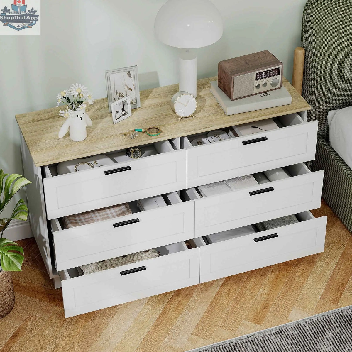 SLOTH Nation Martha 47-inch modern white dresser with six drawers, ideal for bedroom, living room, or entryway storage.