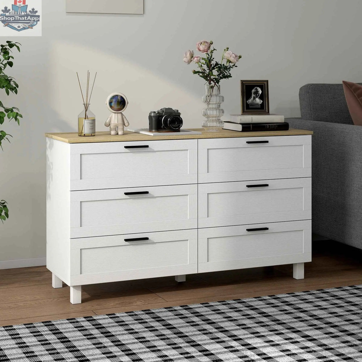 White Martha modern 47-inch wide dresser with six drawers, ideal for bedroom, living room, or entryway storage.