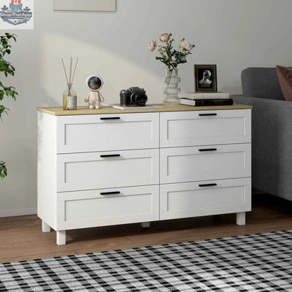 White Martha modern 47-inch wide dresser with six drawers, ideal for bedroom, living room, or entryway storage.