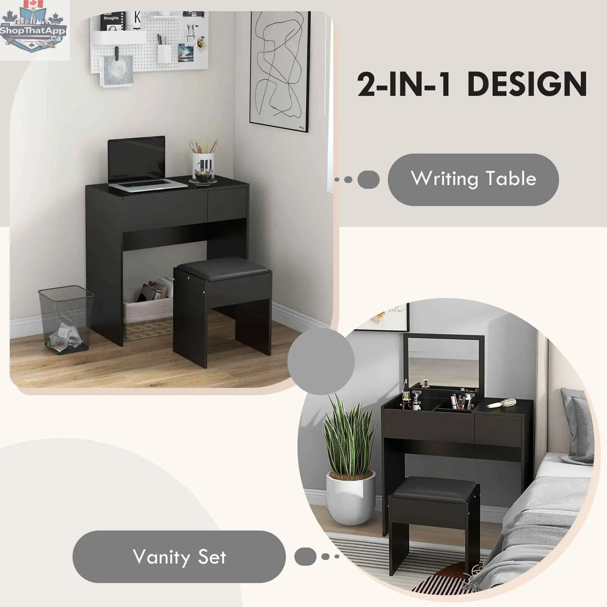 SLOTH Nation Mia Modern Vanity Set with flip top mirror and ergonomic black office chair, bedroom furniture for stylish organization