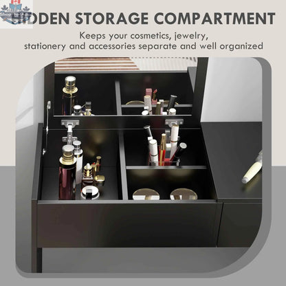 Black Mia Modern Vanity Set with flip-top mirror and ergonomic office chair, part of SLOTH Nation bedroom furniture collection.