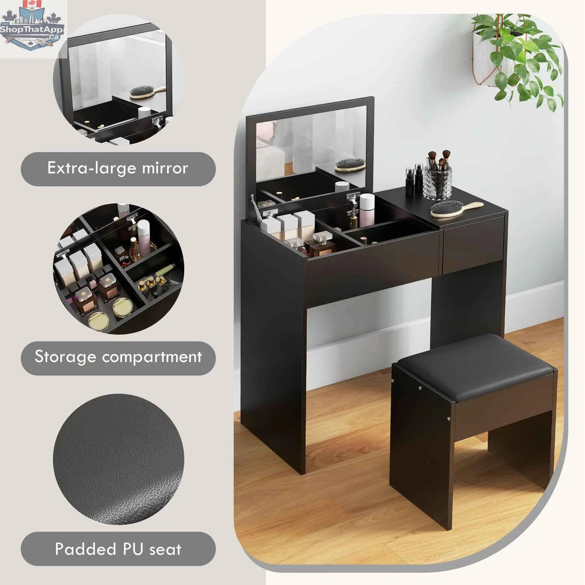 Black Mia Modern Vanity Set with flip top mirror and ergonomic office chair, bedroom furniture by SLOTH Nation.
