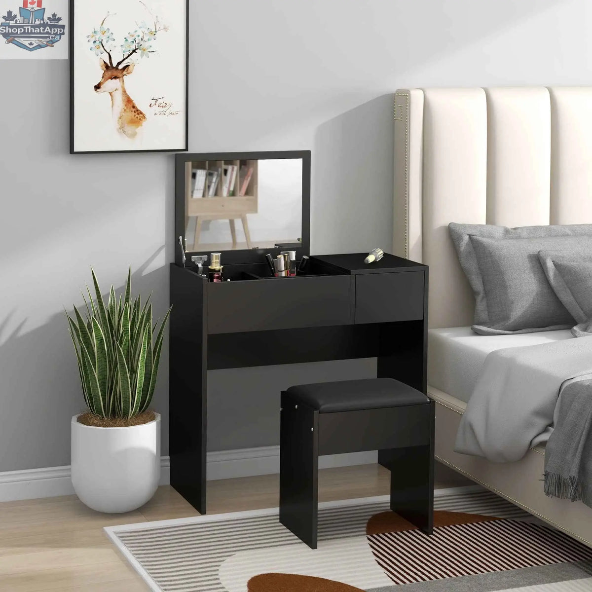 Black Mia Modern Vanity Set with flip-top mirror and ergonomic office chair, stylish bedroom furniture by SLOTH Nation.