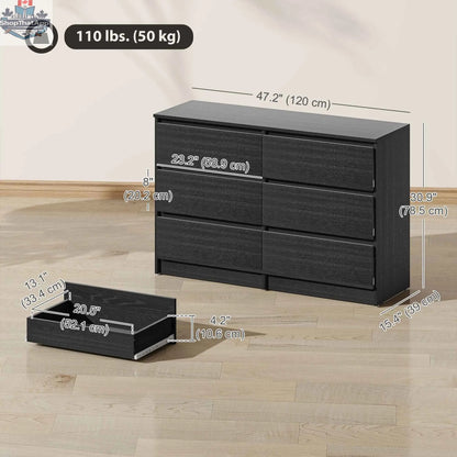 SLOTH Nation River Black 6 Drawer Bedroom Dresser with sleek modern design and ample storage for bedroom or living space.