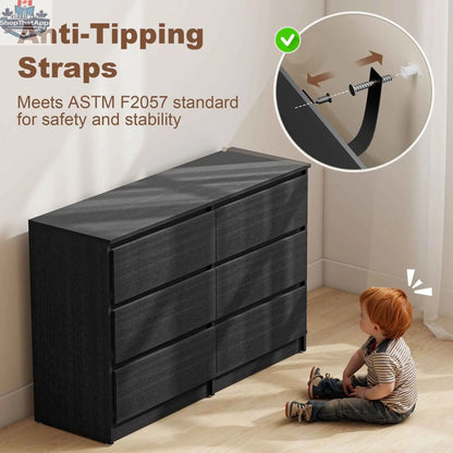 SLOTH Nation River Black 6 Drawer Dresser, modern bedroom furniture with spacious drawers for bedroom, living room, or hallway storage.