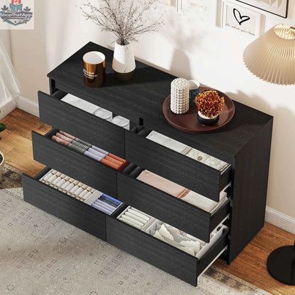 SLOTH Nation River Black 6 Drawer Bedroom Dresser with sleek design, suitable for bedroom, living room, or hallway storage.