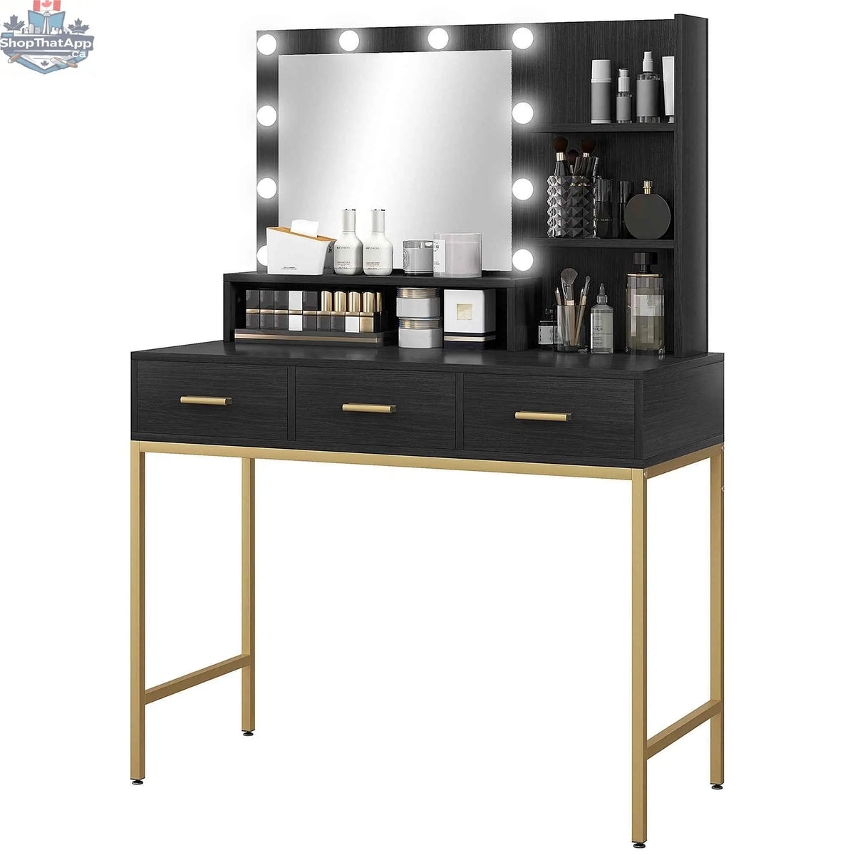 Sophia illuminated makeup table from SLOTH Nation with LED lights, three drawers, black finish, bedroom furniture piece