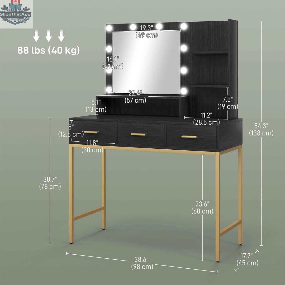 Sophia illuminated black makeup table with LED lights, three drawers, and modern bedroom furniture from SLOTH Nation.