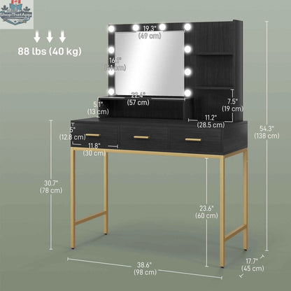 Sophia illuminated black makeup table with LED lights, three drawers, and modern bedroom furniture from SLOTH Nation.