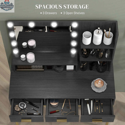 Sophia illuminated black makeup table with LED lights and three drawers, bedroom furniture by SLOTH Nation.