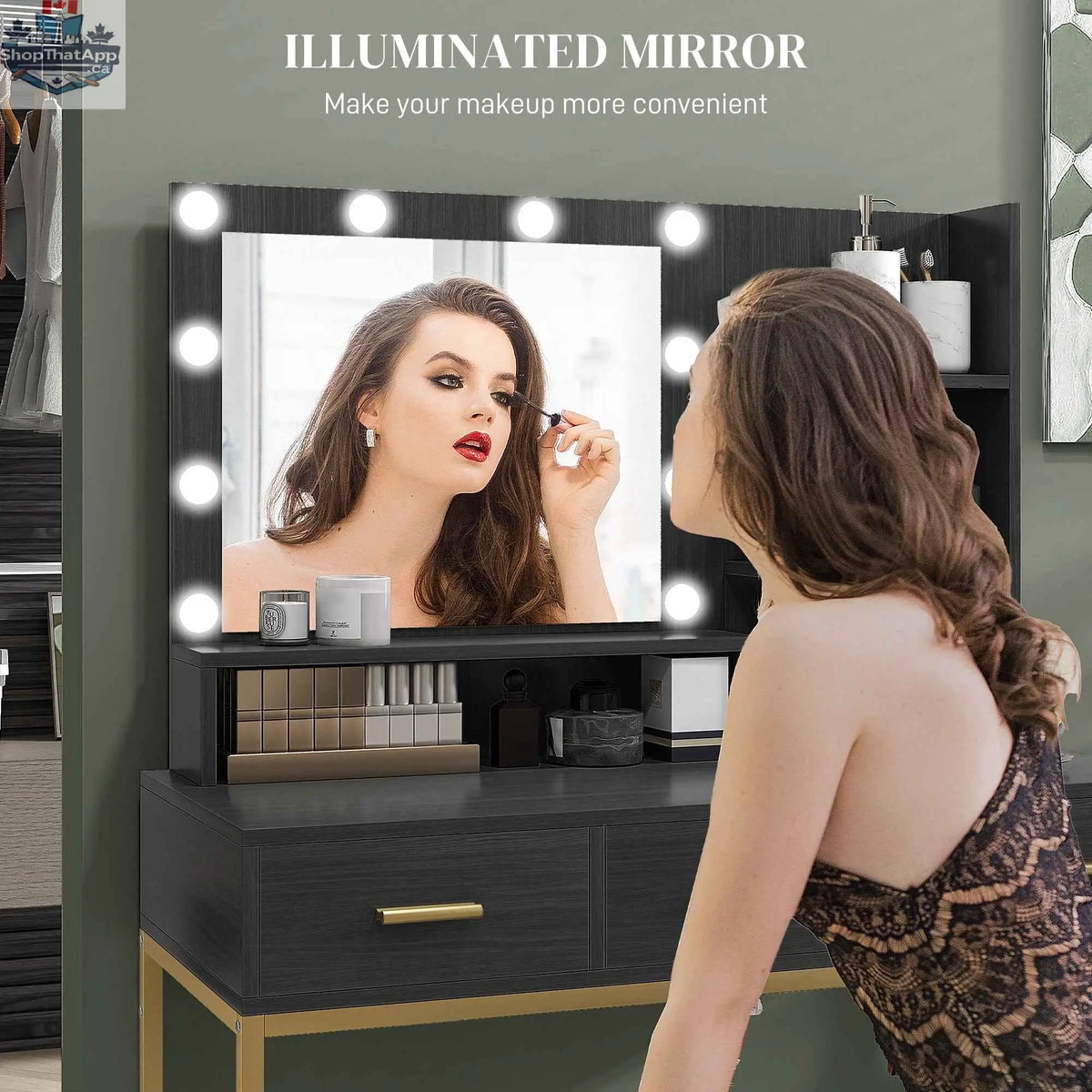 Sophia illuminated makeup table by SLOTH Nation with LED lights, three drawers, black finish, ideal for bedroom furniture.