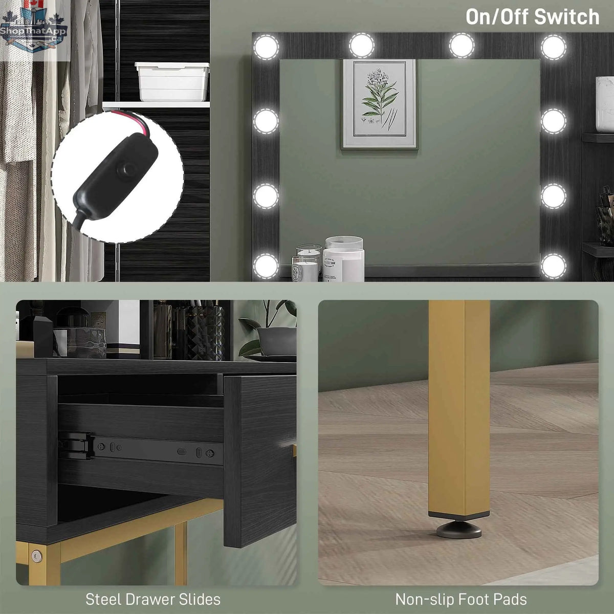 Sophia illuminated makeup table in black with LED lights and three drawers, bedroom furniture by SLOTH Nation.