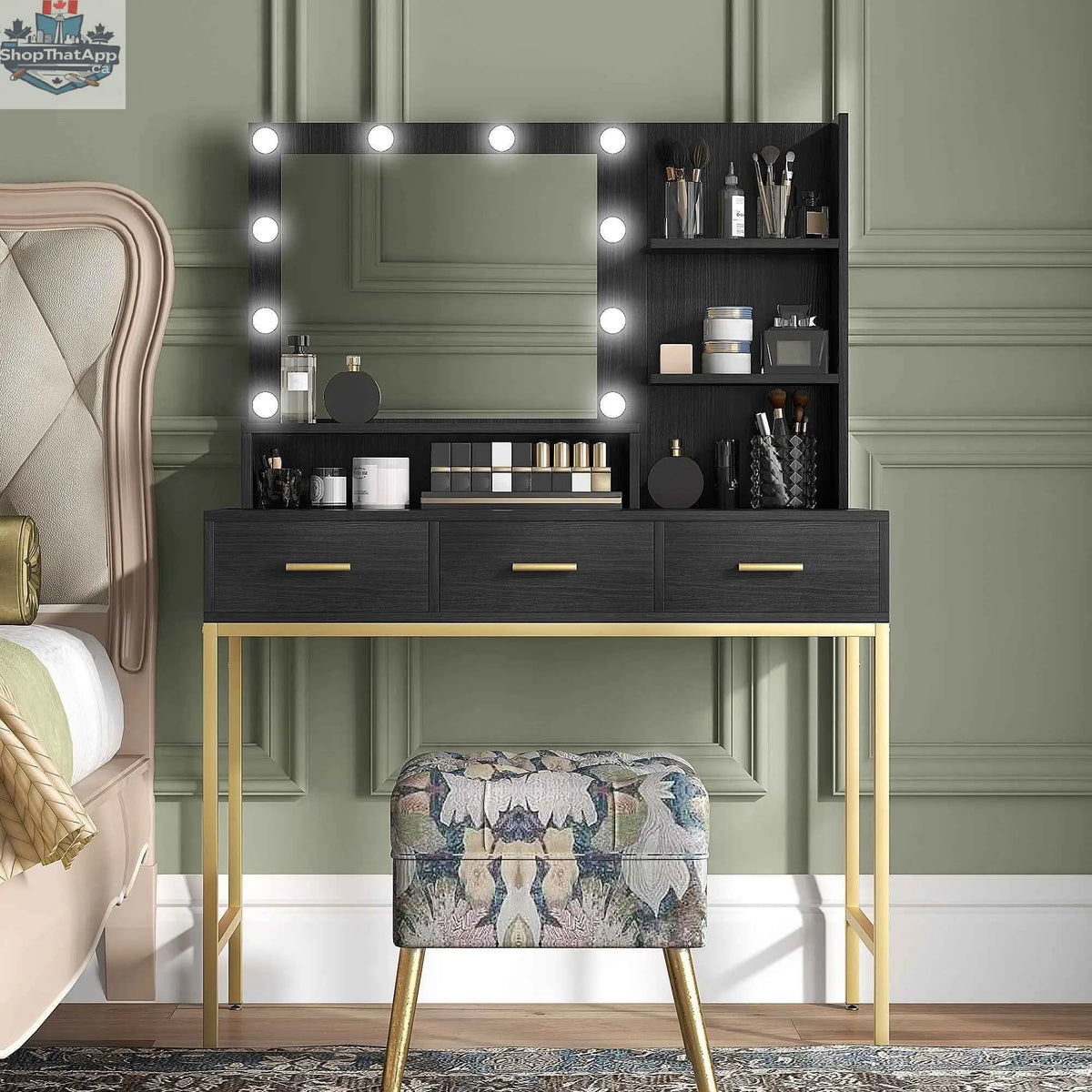 Sophia illuminated makeup table by SLOTH Nation with LED lights, three drawers, black finish, designed for bedroom furniture.