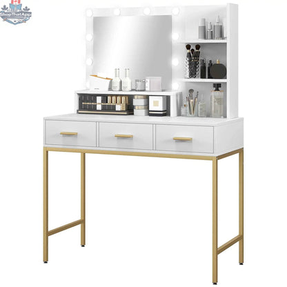 Sophia white makeup table with LED lights and three drawers, bedroom furniture by SLOTH Nation, featuring a sleek design.