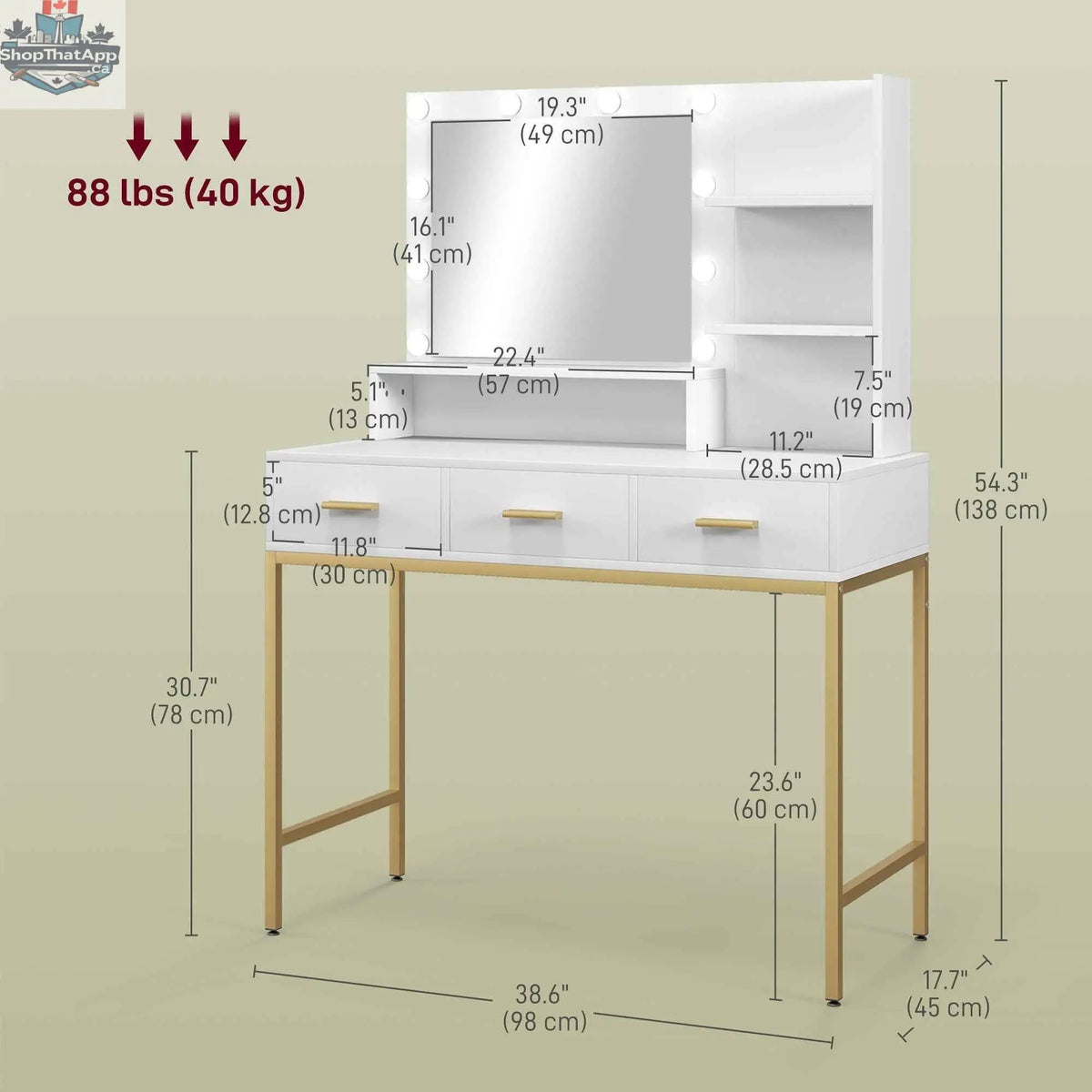 White Sophia makeup table with LED lights and three drawers, bedroom furniture by SLOTH Nation, shown with mirror and storage.
