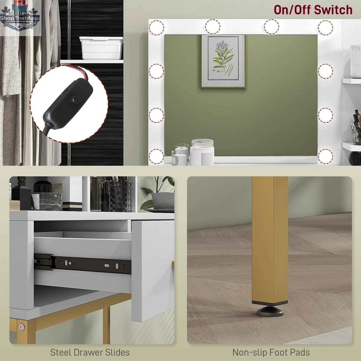 White Sophia Makeup Table by SLOTH Nation with LED lights, three drawers, and a sleek bedroom furniture design.