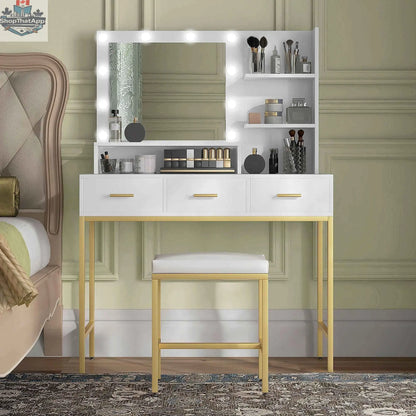 White Sophia makeup table with LED lights and 3 drawers, bedroom furniture by SLOTH Nation, shown with mirror and accessories.
