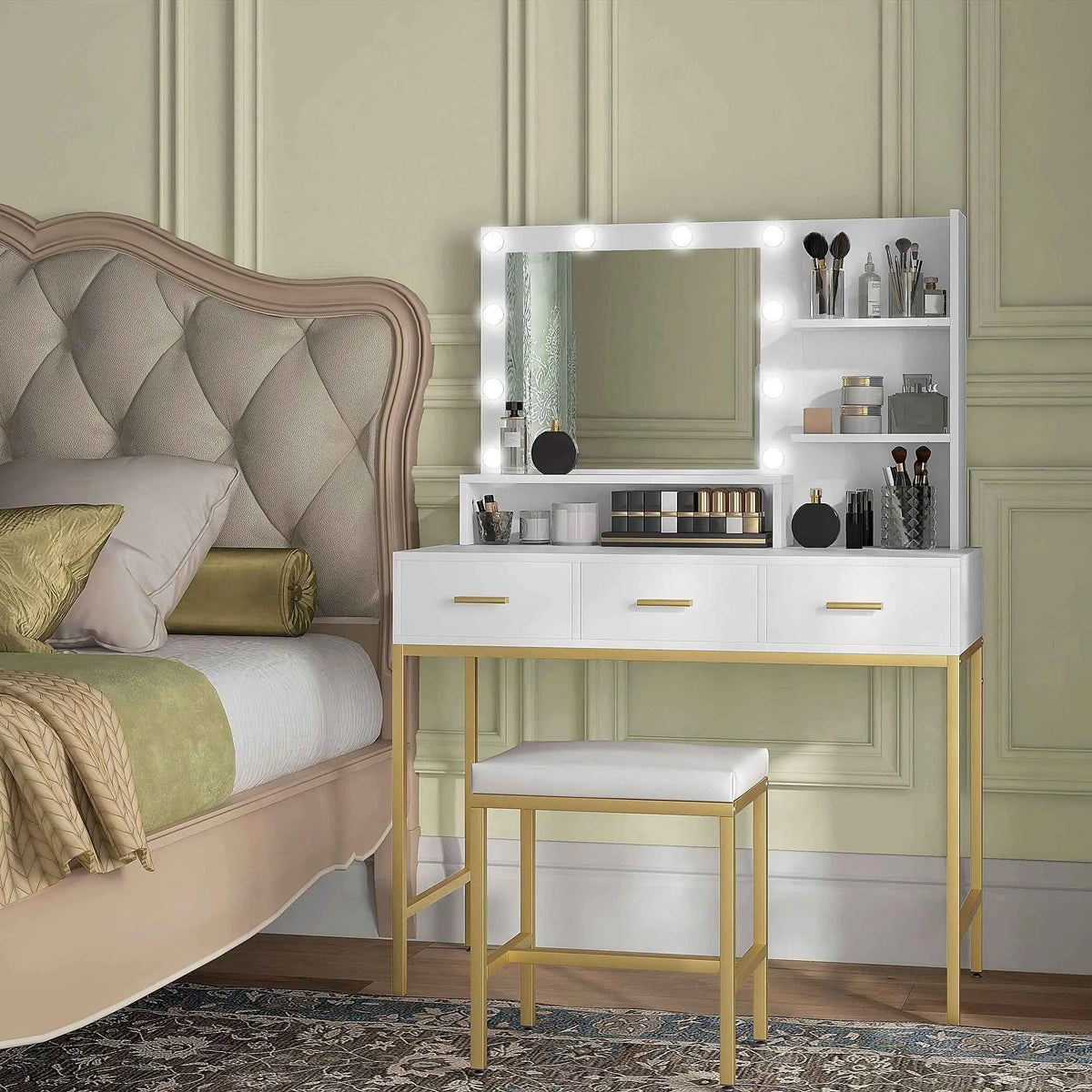 White Sophia makeup table with LED lights and three drawers, bedroom furniture by SLOTH Nation, shown with mirror and accessories.