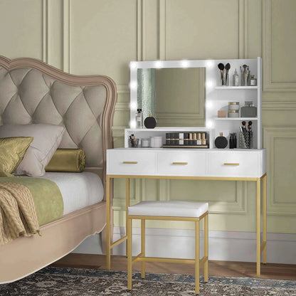 White Sophia makeup table with LED lights and three drawers, bedroom furniture by SLOTH Nation, shown with mirror and accessories.