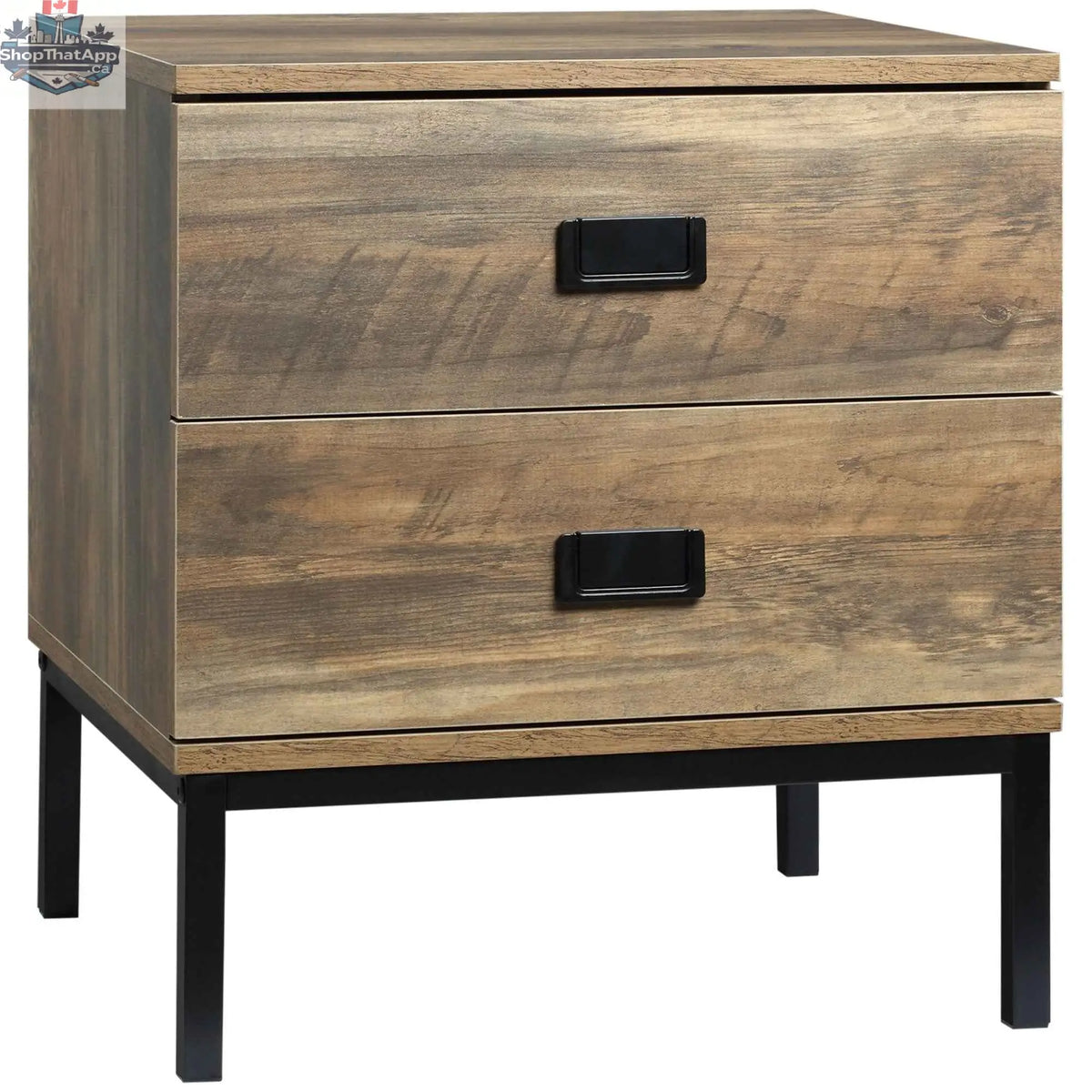 Wallace Coffee Nightstand by SLOTH Nation featuring two drawers and steel frame legs, ideal for bedroom furniture.