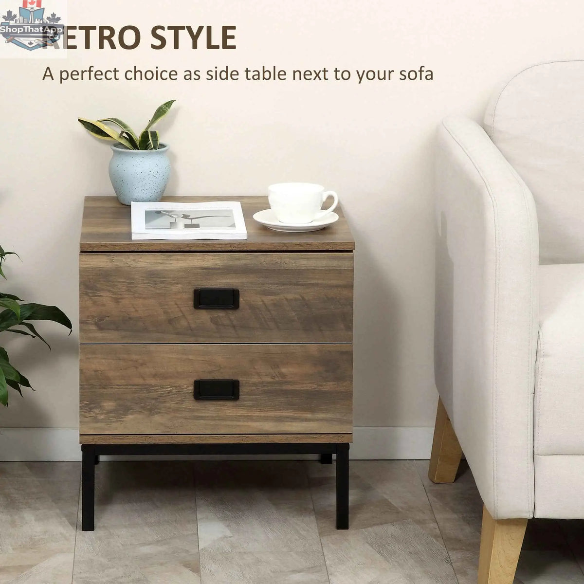 Wallace Coffee nightstand by SLOTH Nation with two drawers and steel frame legs, showcasing a modern bedroom furniture design.