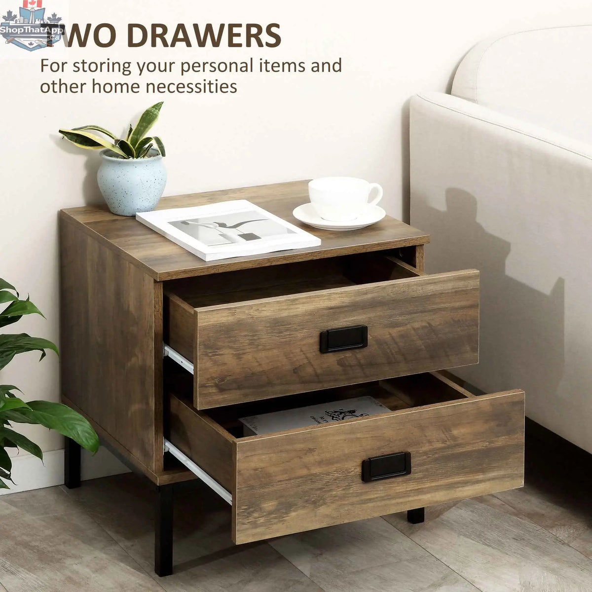Wallace coffee nightstand by SLOTH Nation with two drawers and steel frame legs, shown in a modern bedroom setting.