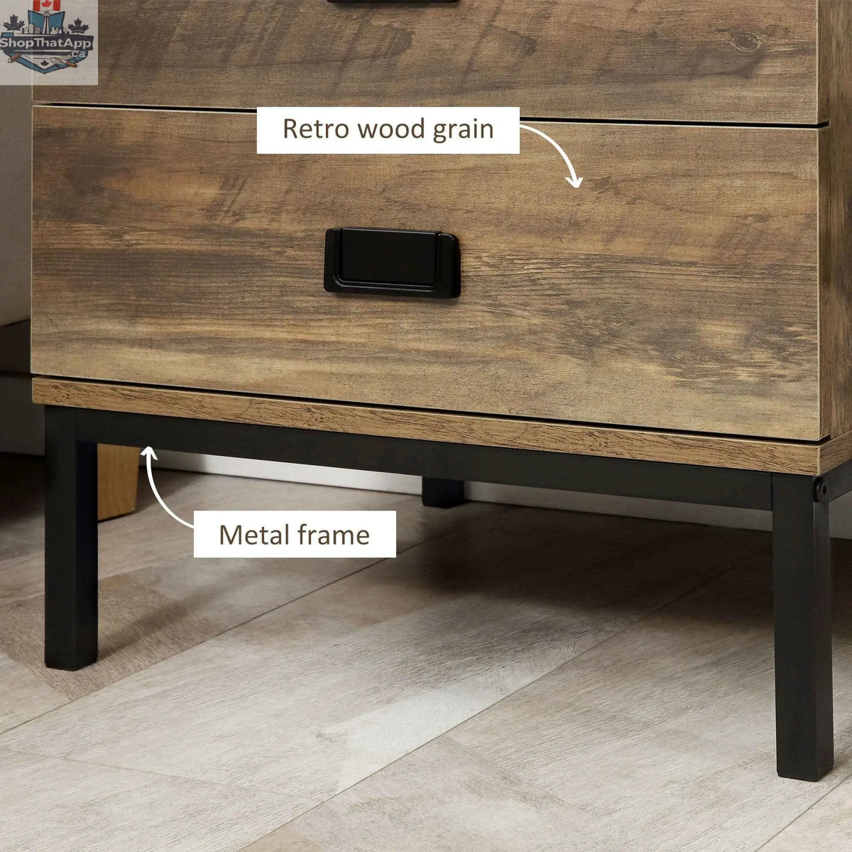 Wallace Coffee bedroom nightstand by SLOTH Nation with two drawers and steel frame legs, featuring a modern design.