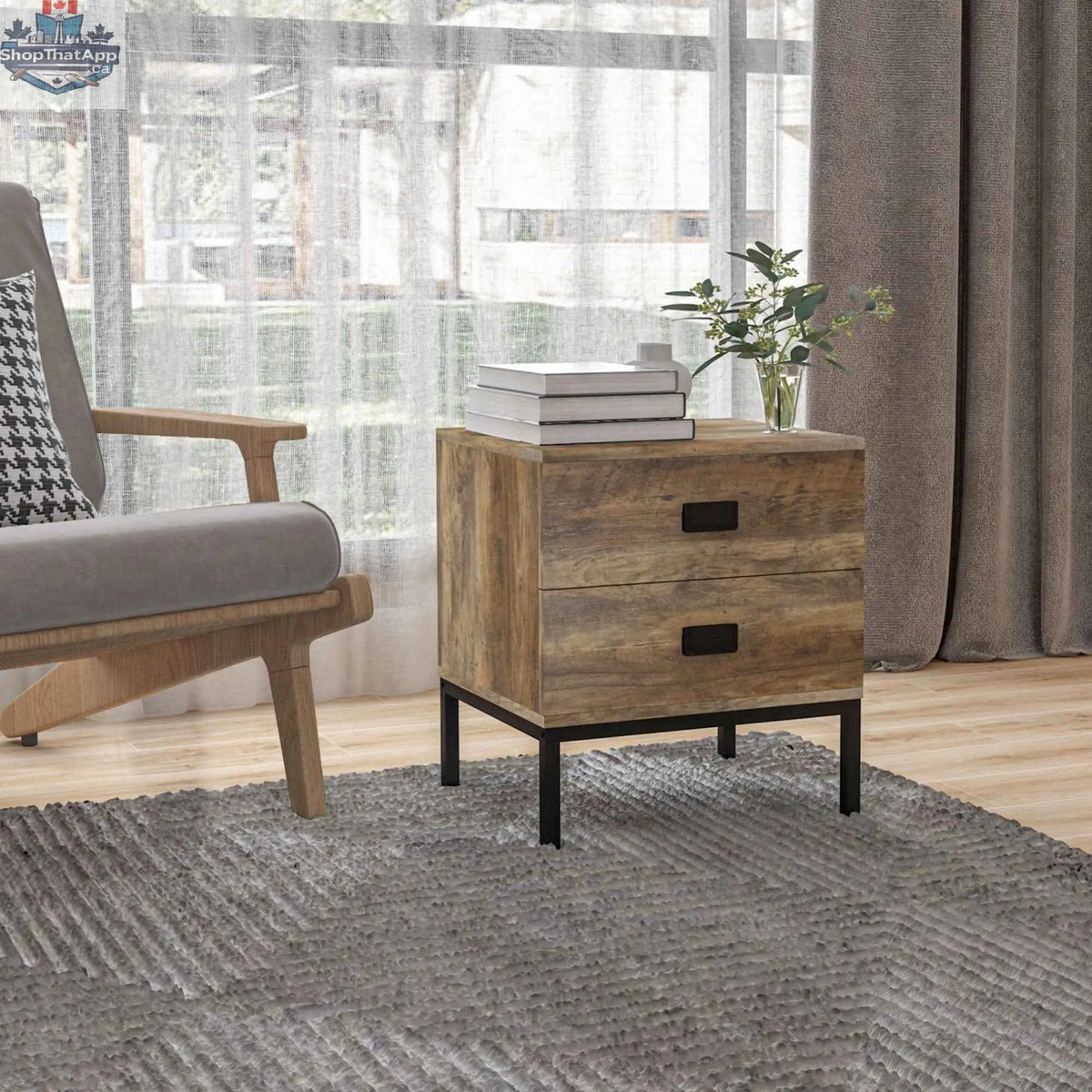 Wallace Coffee nightstand by SLOTH Nation with two drawers and steel frame legs, ideal for bedroom furniture.