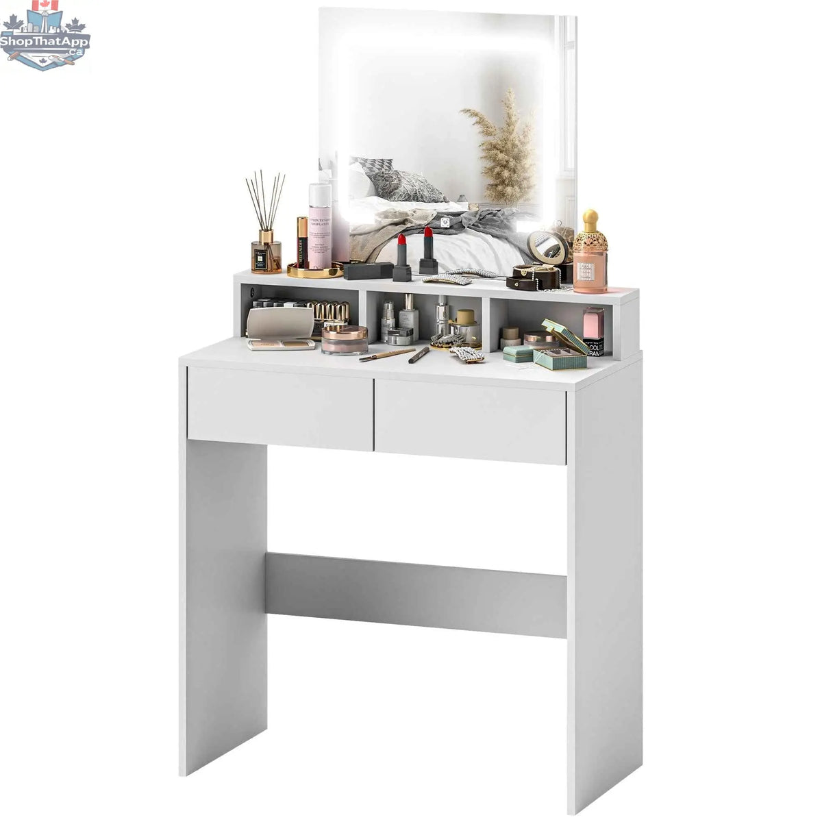 White Zee Makeup Vanity Desk with LED lights from SLOTH Nation, featuring a sleek bedroom furniture design and illuminated mirror.