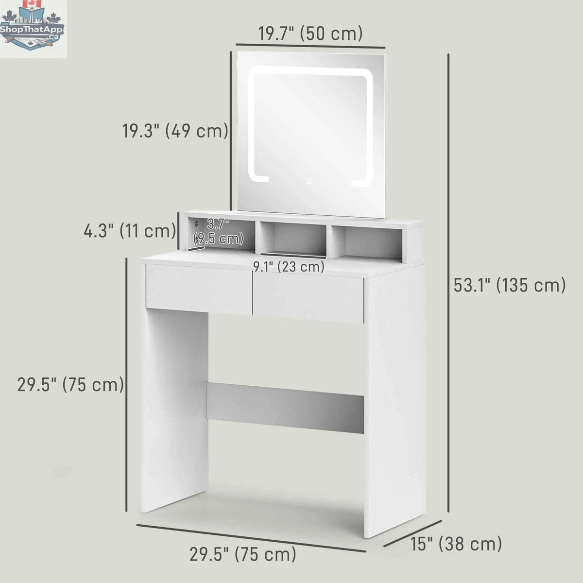 White Zee Makeup Vanity Desk with LED lights by SLOTH Nation, featuring a sleek bedroom furniture design with a mirror and illuminated surface.