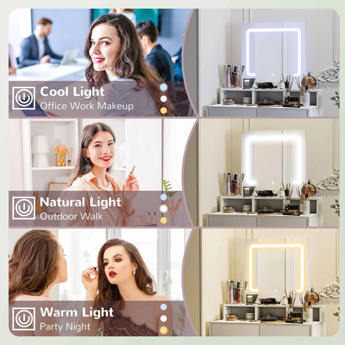 SLOTH Nation Zee makeup vanity desk with LED lights in white, featuring a spacious tabletop and built-in illumination for beauty routines.
