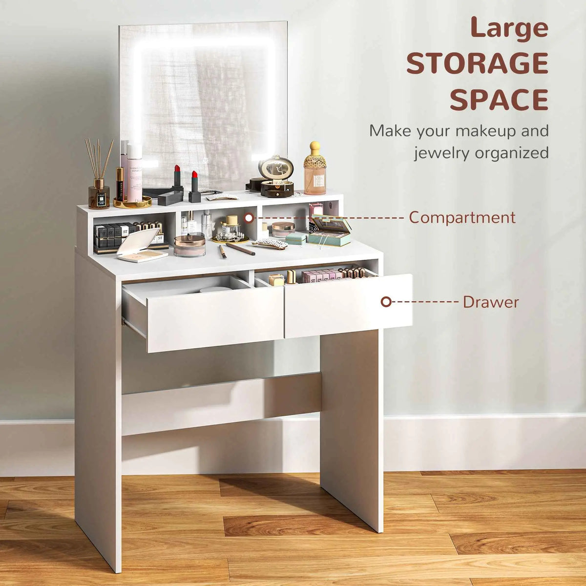 White Zee Makeup Vanity Desk with LED lights from SLOTH Nation, featuring a sleek bedroom furniture design and built-in lighting.