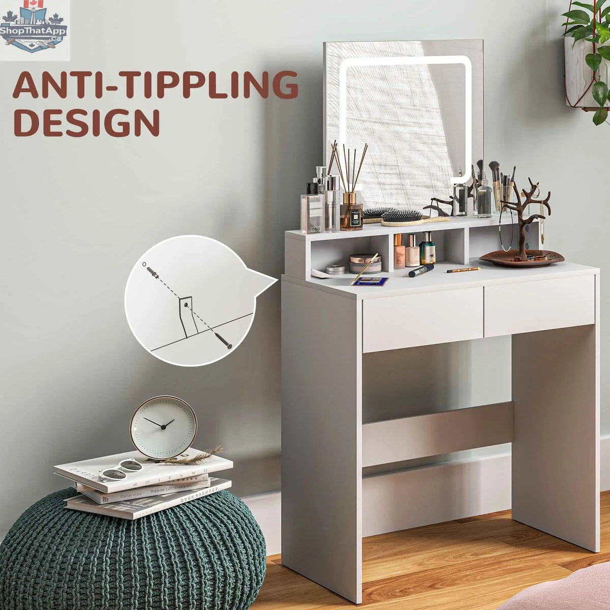 White Zee Makeup Vanity Desk with LED lights by SLOTH Nation, featuring a sleek bedroom furniture design with illuminated mirror.