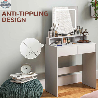White Zee Makeup Vanity Desk with LED lights by SLOTH Nation, featuring a sleek bedroom furniture design with illuminated mirror.