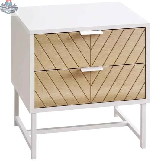 Emery bedside table by SLOTH Nation with two drawers, white finish, oak top, and steel legs, modern bedroom furniture.