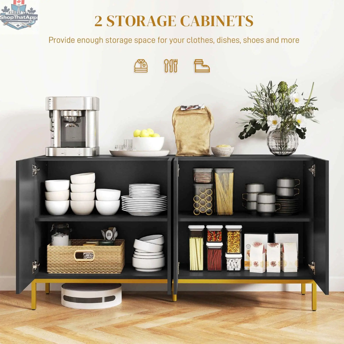 Black Brooklyn Kitchen Buffet Cabinet by SLOTH Nation with adjustable shelves, featuring a sleek design for storage and organization.