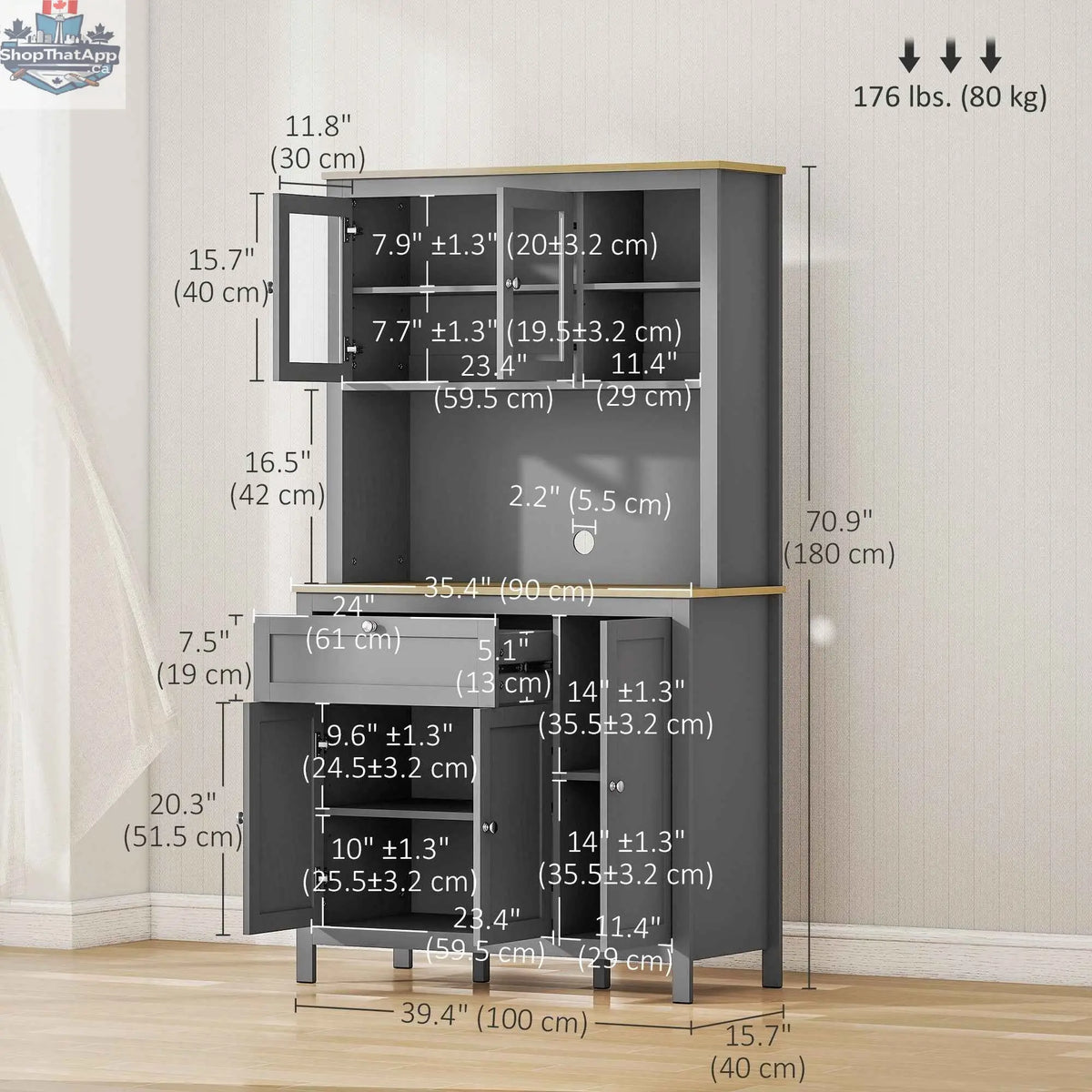 Brooks 71-inch grey 5-door kitchen cabinet with adjustable shelves by SLOTH Nation, showing the front view with doors closed.