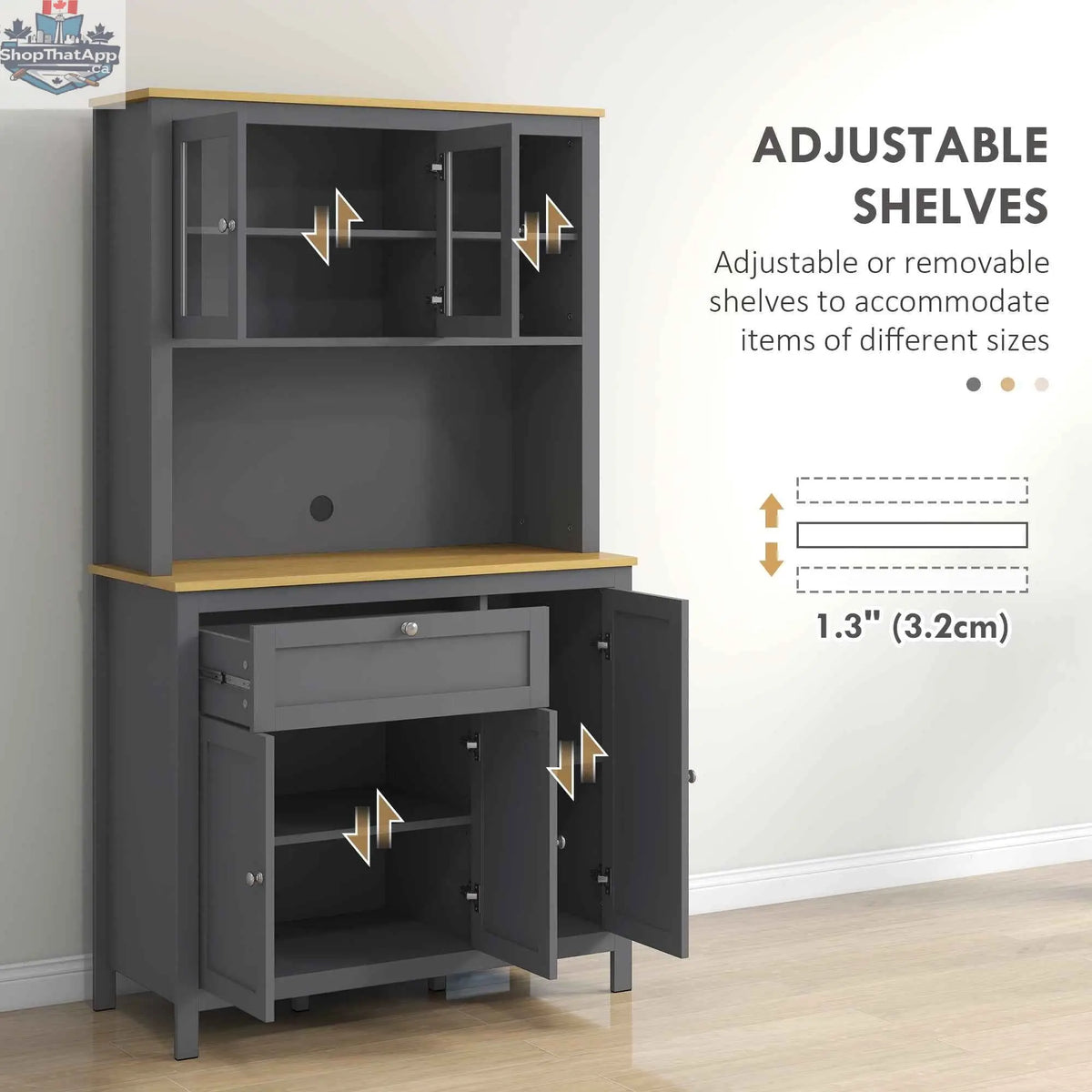 Brooks 71-inch grey 5-door kitchen cabinet with adjustable shelves by SLOTH Nation, featuring sleek modern design and storage space.
