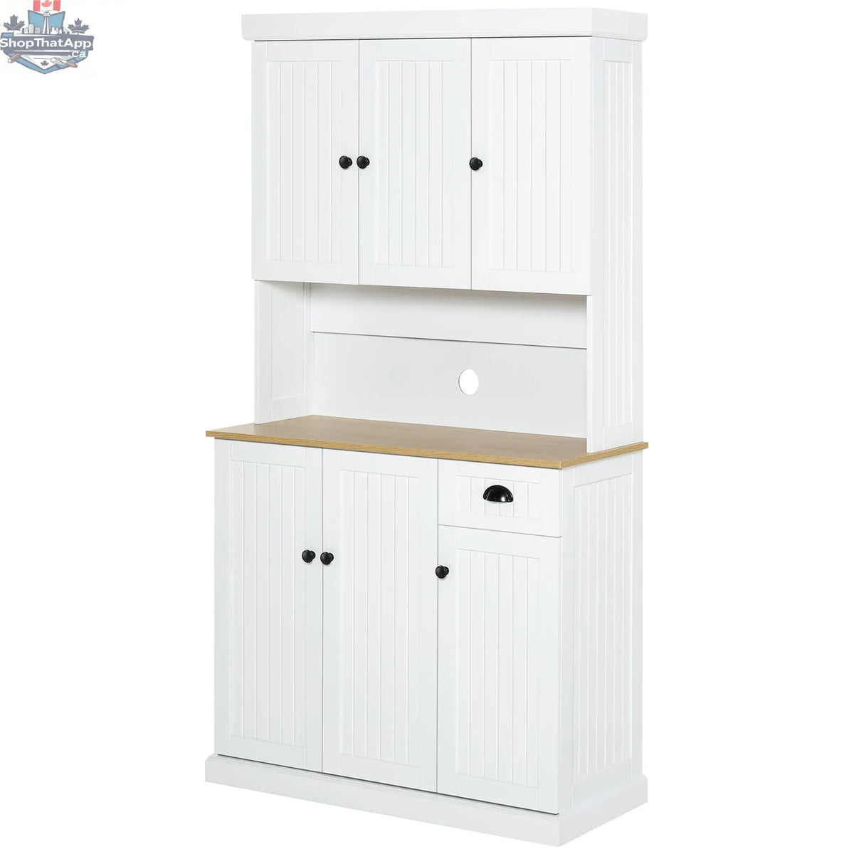 White and oak Denver kitchen storage cabinet with hutch by SLOTH Nation, featuring doors, shelves, and a spacious design.