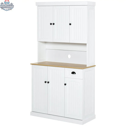 White and oak Denver kitchen storage cabinet with hutch by SLOTH Nation, featuring doors, shelves, and a spacious design.