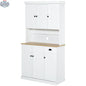 White and oak Denver kitchen storage cabinet with hutch by SLOTH Nation, featuring doors, shelves, and a spacious design.