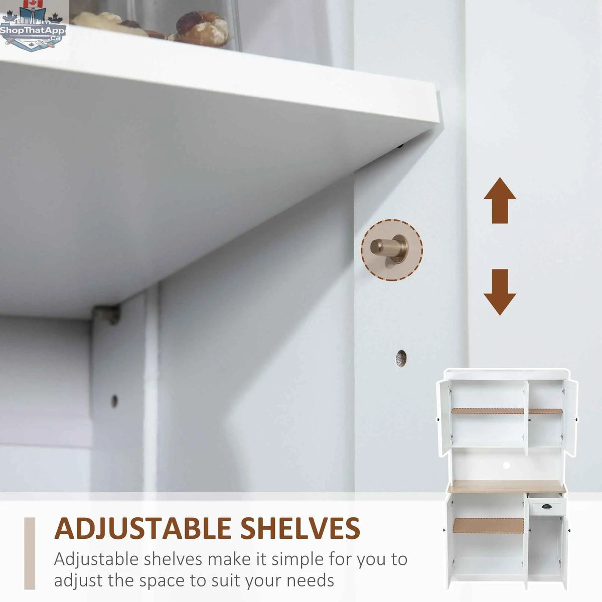 White and oak Denver kitchen storage cabinet with hutch by SLOTH Nation, featuring multiple shelves and storage compartments.