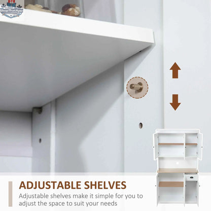 White and oak Denver kitchen storage cabinet with hutch by SLOTH Nation, featuring multiple shelves and storage compartments.