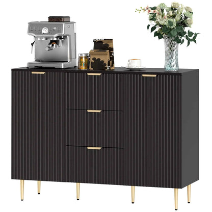 SLOTH Nation Ellis Kitchen Buffet Cabinet in black with three drawers, modern hallway storage cabinet, and sleek design.
