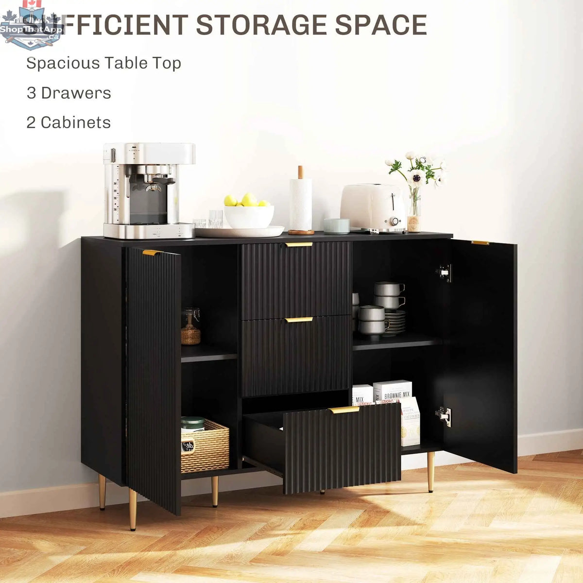 Black Ellis Kitchen Buffet Cabinet by SLOTH Nation, modern hallway cabinet with three drawers and sleek design.