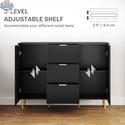 Modern black Ellis Kitchen Buffet Cabinet by SLOTH Nation featuring three drawers, ideal for hallway or dining room storage.