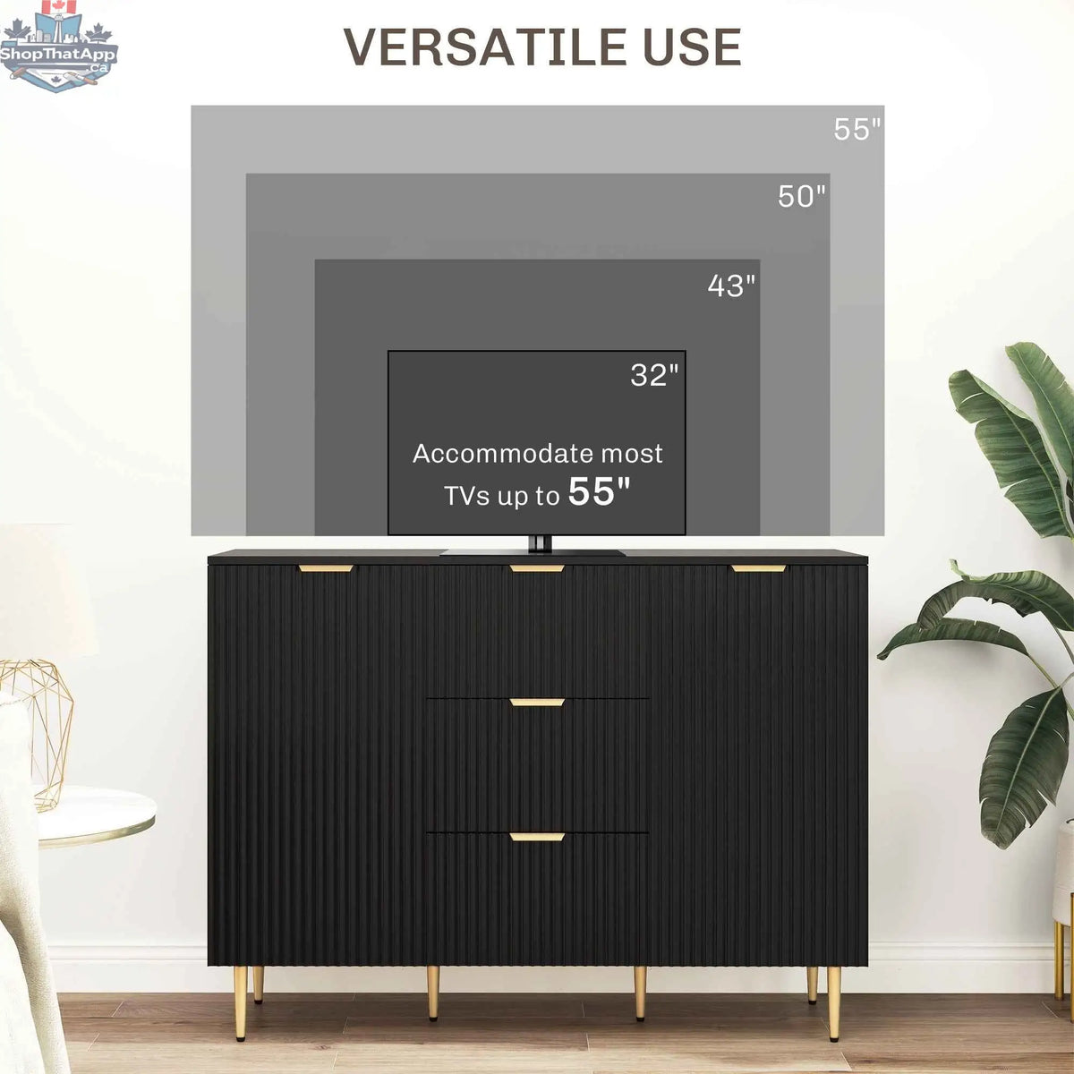 Modern black Ellis kitchen buffet cabinet with three drawers from SLOTH Nation, designed for hallway storage and organization.
