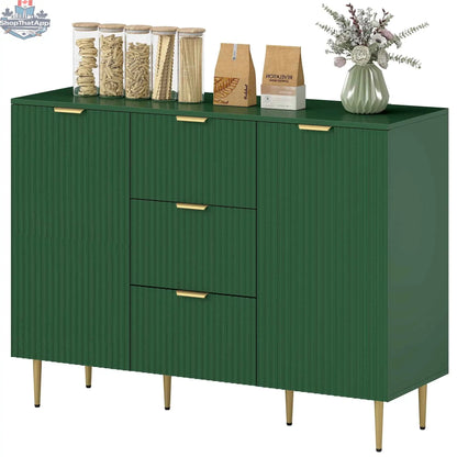 SLOTH Nation Ellis green modern buffet cabinet with three drawers, ideal for kitchen or hallway storage, featuring sleek design.