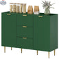 SLOTH Nation Ellis green modern buffet cabinet with three drawers, ideal for kitchen or hallway storage, featuring sleek design.