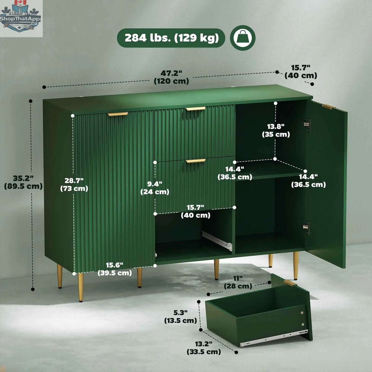 SLOTH Nation Ellis modern green buffet cabinet with three drawers, ideal for kitchen or hallway storage, made of sleek cabinets and curios style